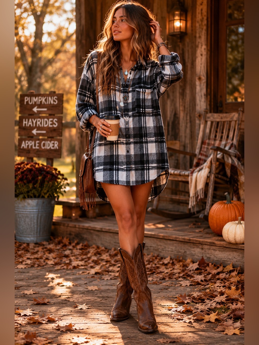 Raga Black & White Tartan Plaid Flannel Button Down Tunic Top Dress Size Medium